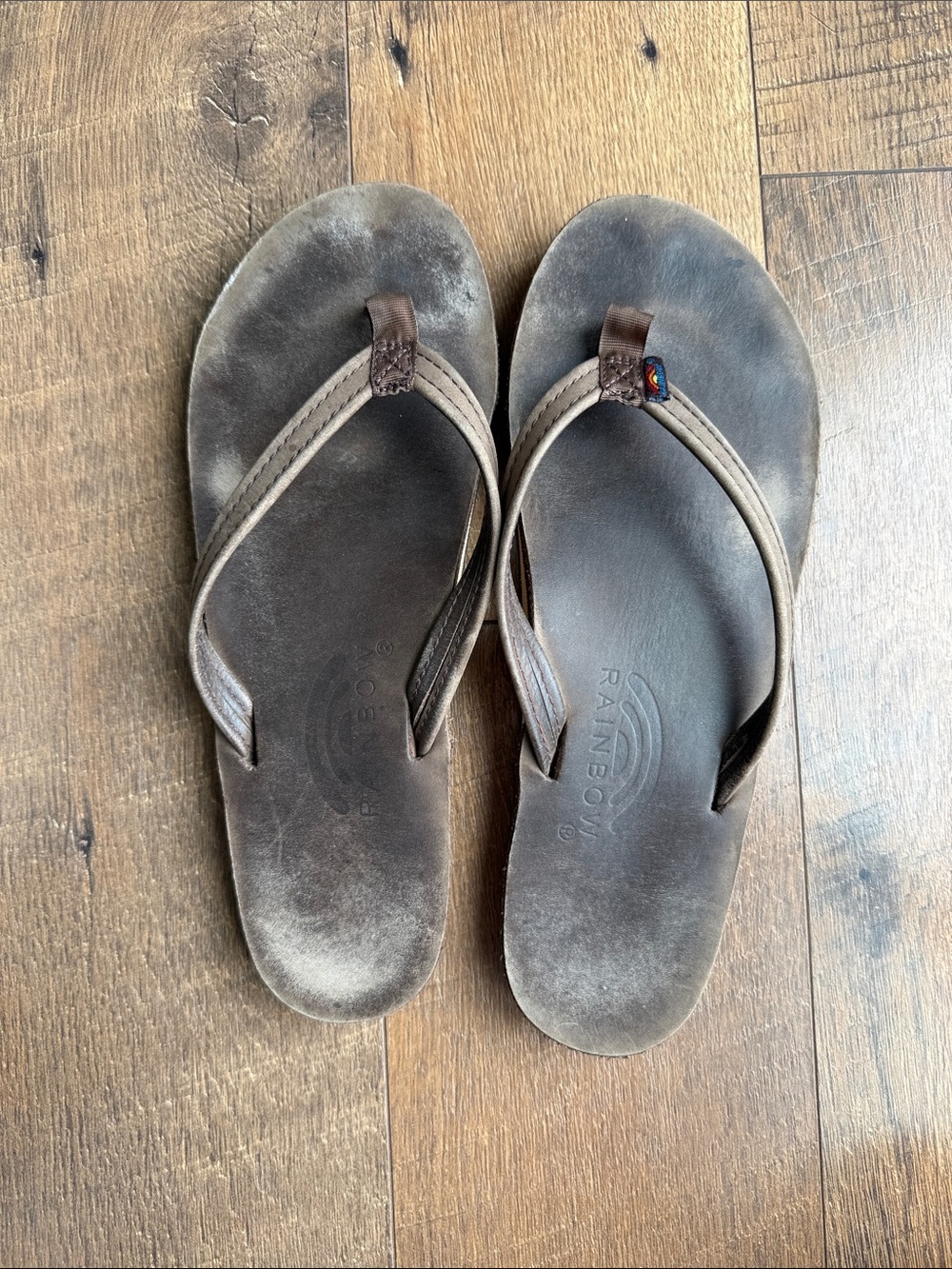 Women’s Rainbow Brown Leather Flip Sandals with Subtle Multicolor Logo